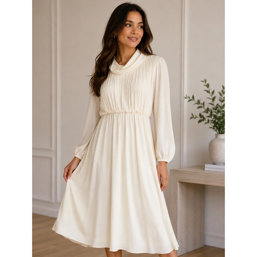 SERBIN by MURIEL RYAN Cowl Neck Midi Dress Long Sleeve Elastic Waist Ivory